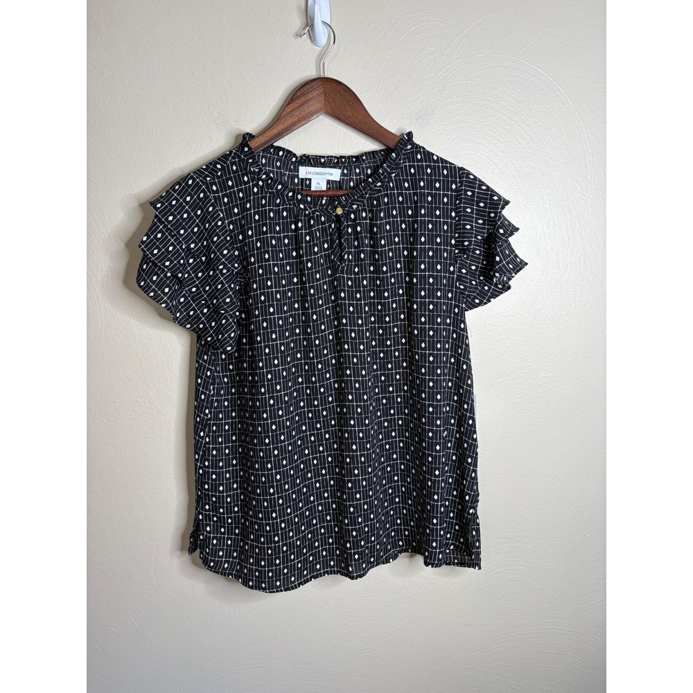 Liz Claiborne Blouse Womens PL Black White Geo Flutter Sleeve Ruffle Neck NWT